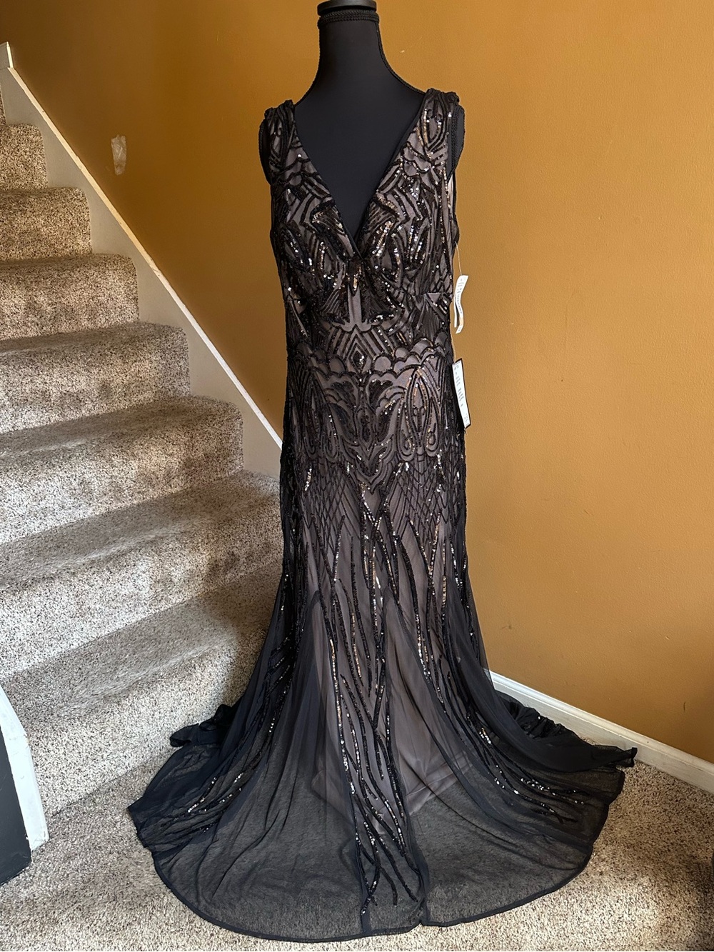 R&mRichards Black Beaded V-Neck Evening Gown